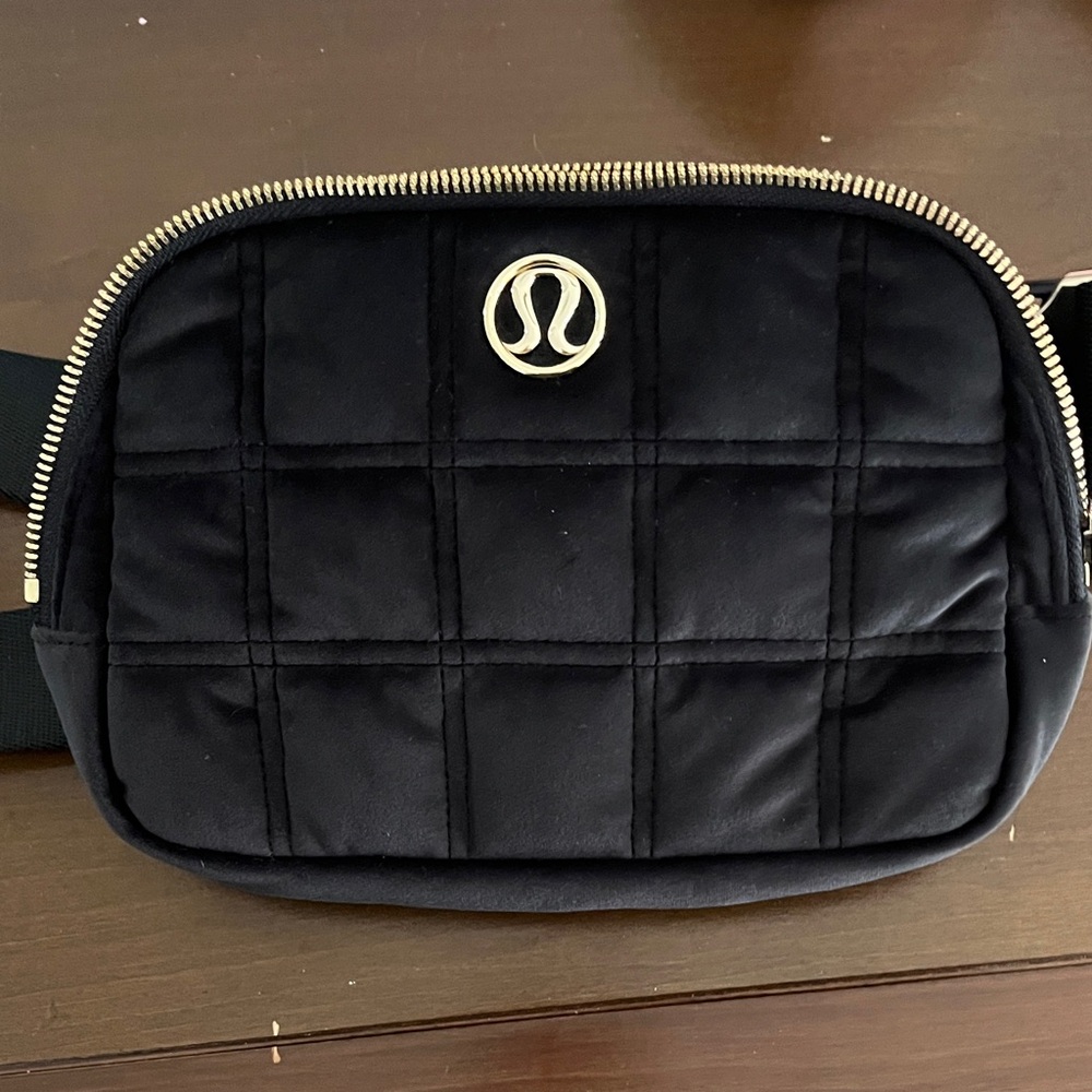Lululemon Black Velvet Belt Bag with Gold Zipper